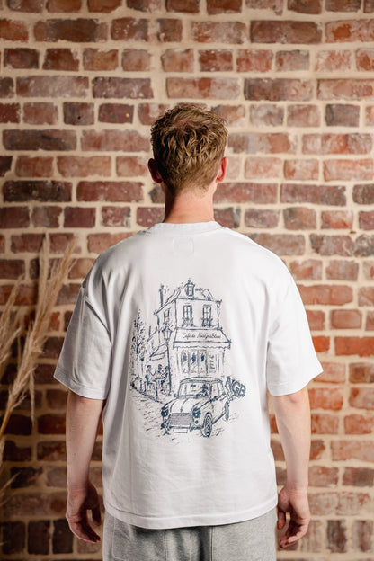 CAFÉ DE NGB TEE — WHITE & NAVY
