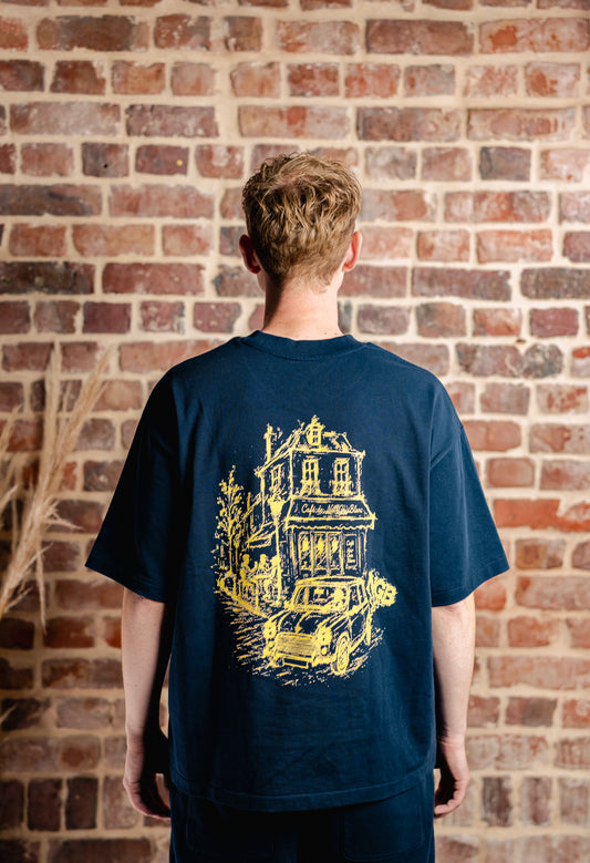 CAFÉ DE NGB TEE — NAVY & YELLOW